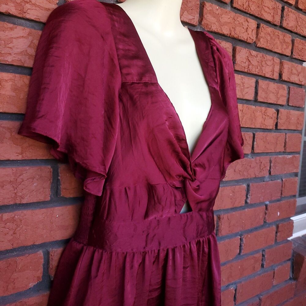 Angie Satin Mini Dress M Burgundy Smocked Angel Sleeve Whimsigoth Fairy Grunge - Picture 4 of 11
